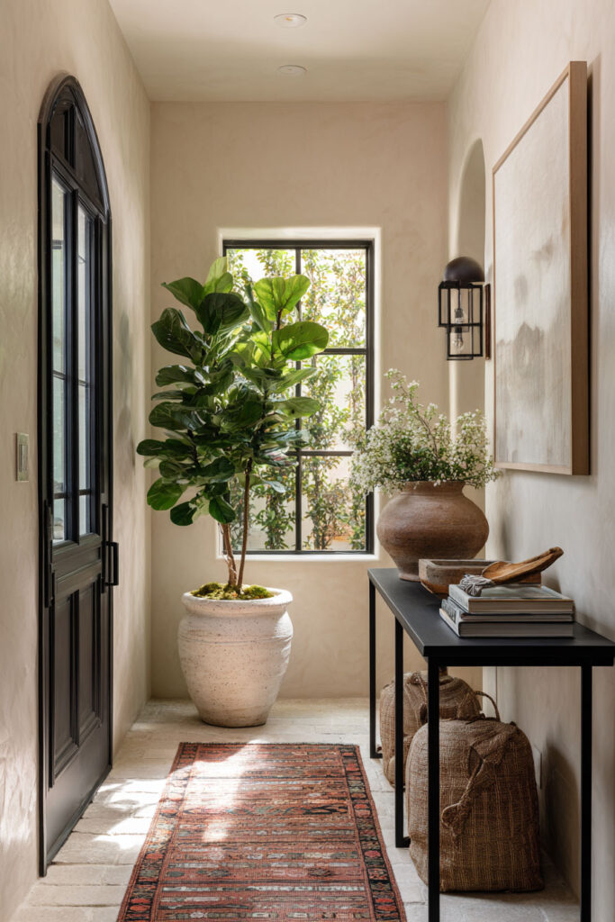 Modern entryway with fiddle leaf fig tree in white planter, black console table, neutral walls, and natural light creating a warm, inviting space.