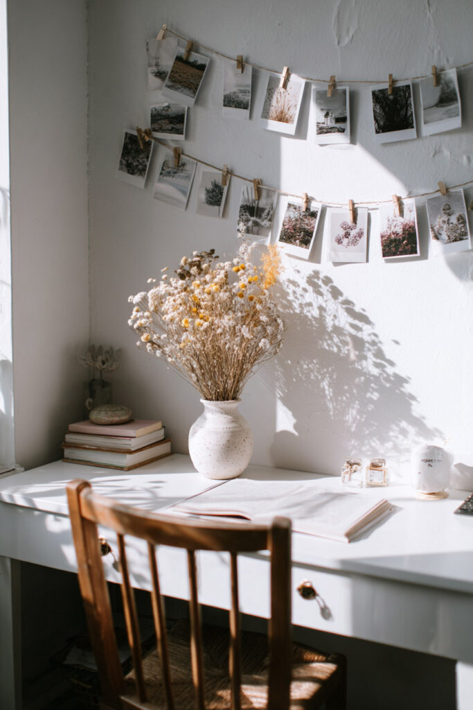 Minimalist desk with dried flowers in vase and Polaroid photo gallery wall above, styled in natural light with cozy neutral tones.