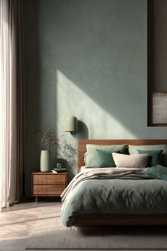 Modern sage green bedroom with natural wood bed frame, layered green bedding, and soft natural light creating a calm and minimalist atmosphere.