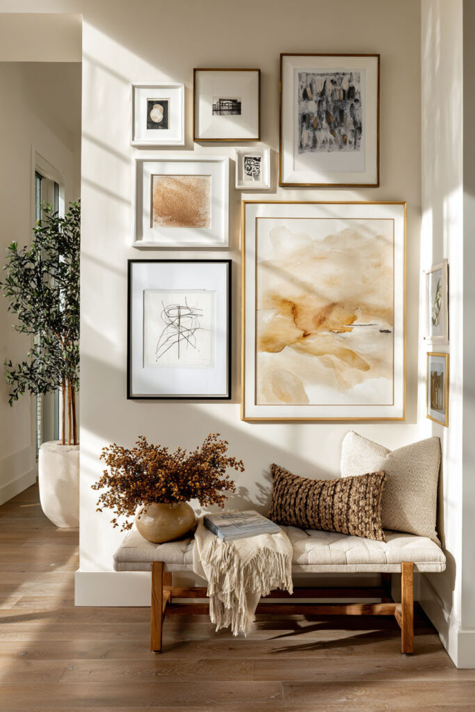 Neutral entryway with a modern gallery wall of abstract artwork in gold, beige, and black frames above a wooden bench styled with pillows, a vase of branches, and a throw blanket.