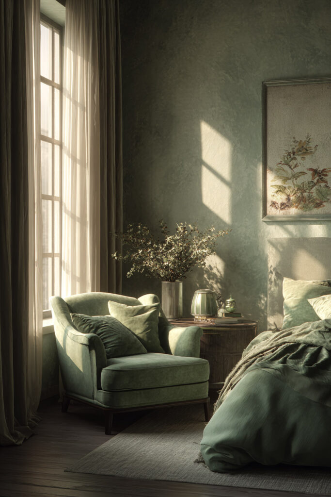 Sage green bedroom with armchair, layered bedding, natural light, and botanical accents for a cozy, serene atmosphere.