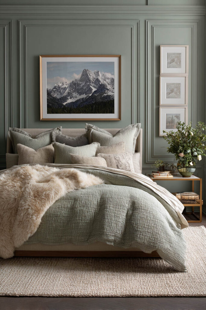 A cozy sage green bedroom featuring paneled walls, layered pillows, and soft bedding with a faux fur throw. Wall art and fresh greenery add warmth and texture to the serene space.
