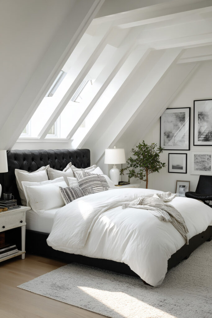 Bright attic bedroom with skylights, black tufted headboard, black-and-white gallery wall, and layered white bedding