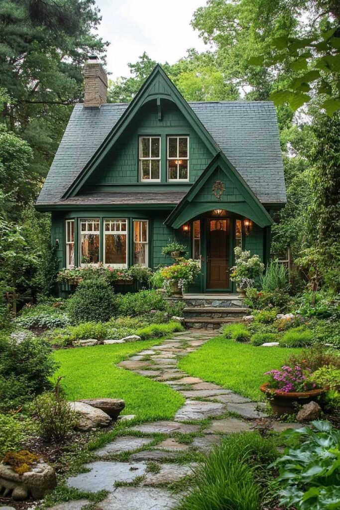 Dark green storybook cottage with wood front door, shingle siding, and lush garden landscaping featuring a curved stone pathway.