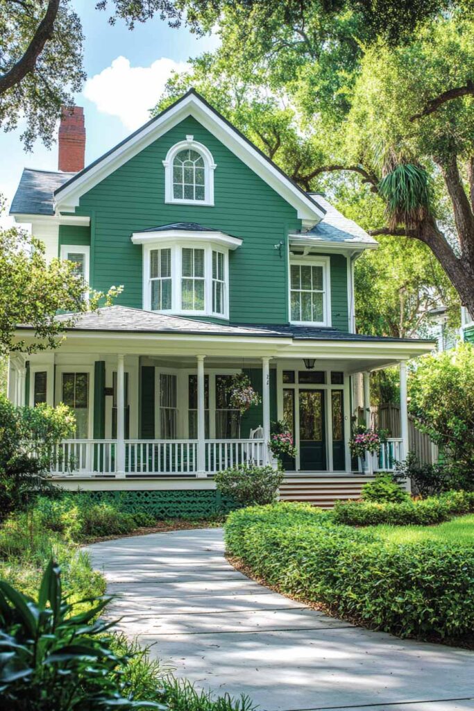 Deep green house with white trim, wraparound porch, arched window, and landscaped walkway surrounded by trees and garden.