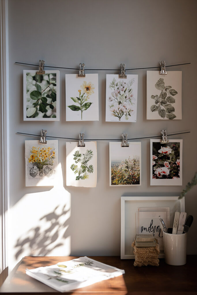 Small wall display with botanical prints clipped to two horizontal wires above a wooden desk, sunlight casting soft shadows, and art supplies arranged below.
