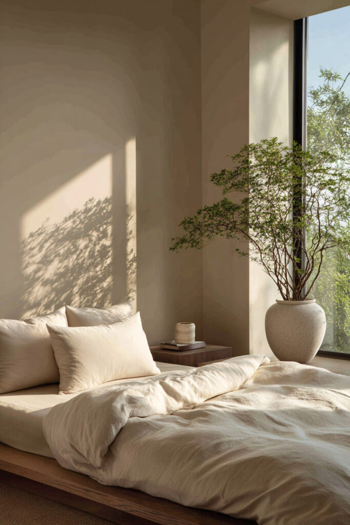 Minimalist bedroom with beige bedding and tall indoor tree in ceramic pot by large window with natural light.