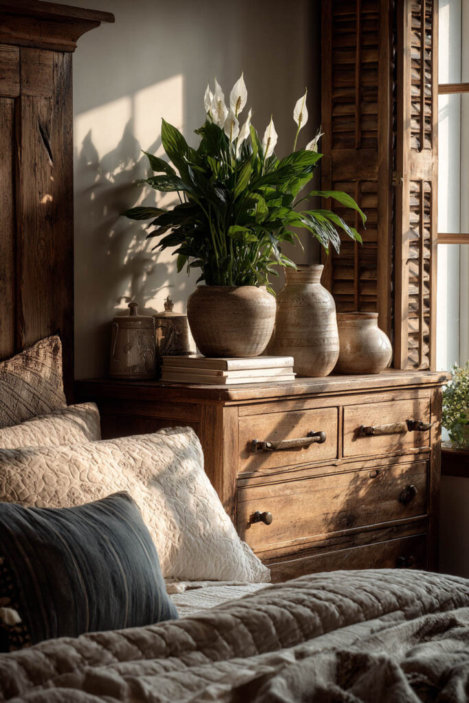 Rustic bedroom with peace lily on wooden nightstand, vintage pottery, sunlit shutters, and cozy neutral bedding for a warm, natural feel.