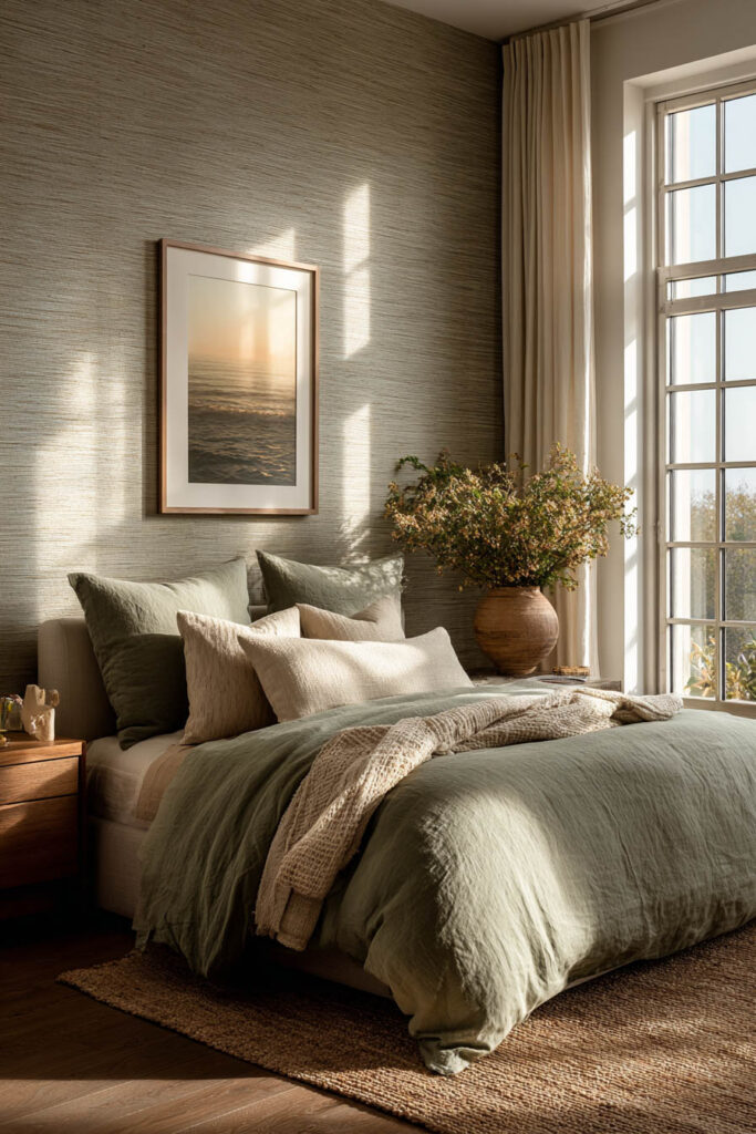 Sage and cream bedroom with natural light, layered bedding, and woven textures creating a serene, neutral palette.