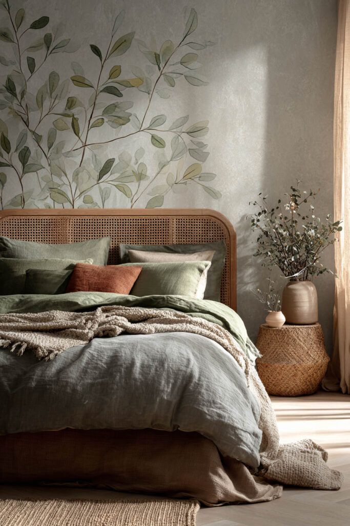 Sage green bedroom with leafy wall mural, rattan headboard, and layered linen bedding for a natural, organic style.