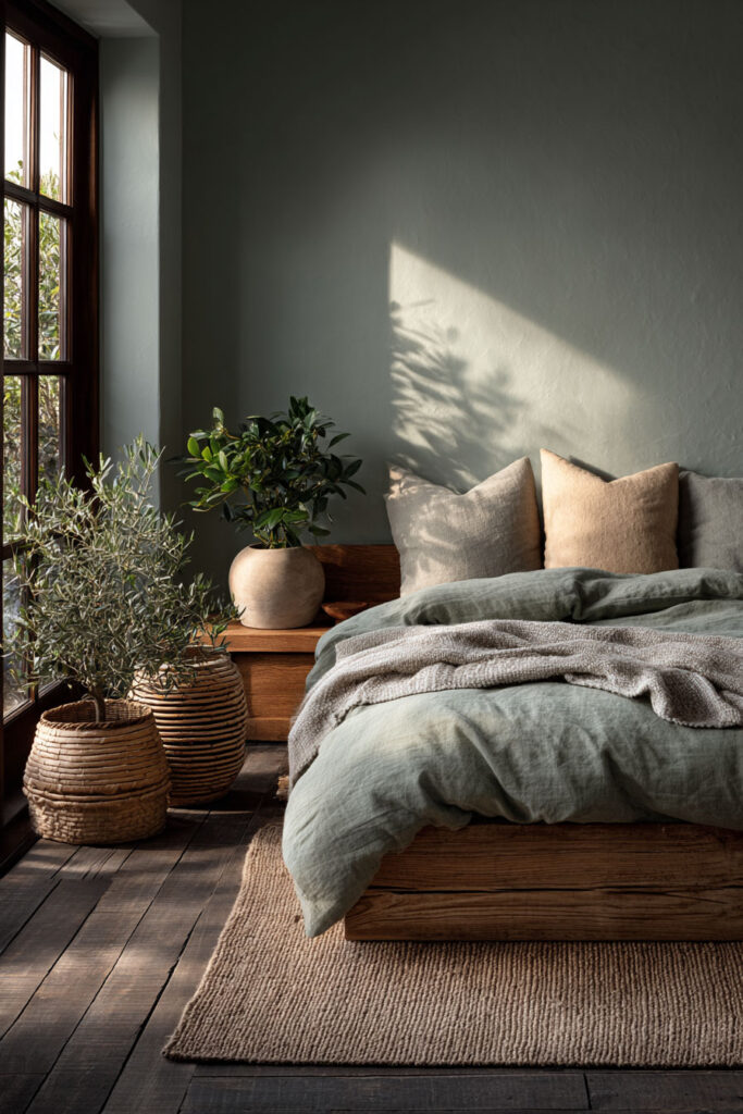 A Scandinavian-inspired sage green bedroom featuring linen bedding, woven baskets with potted plants, a wooden bed frame, and soft natural light filtering through large windows.