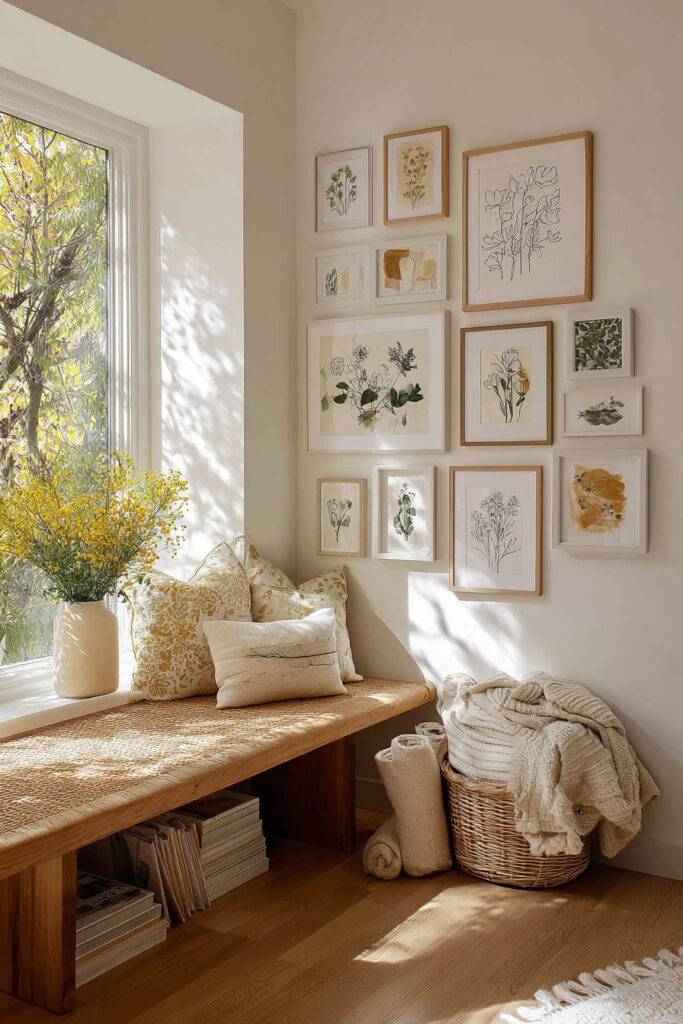 Cozy reading nook with light wood bench, botanical gallery wall in wood frames, soft yellow pillows, woven basket with blankets, and sunlight streaming through large window.