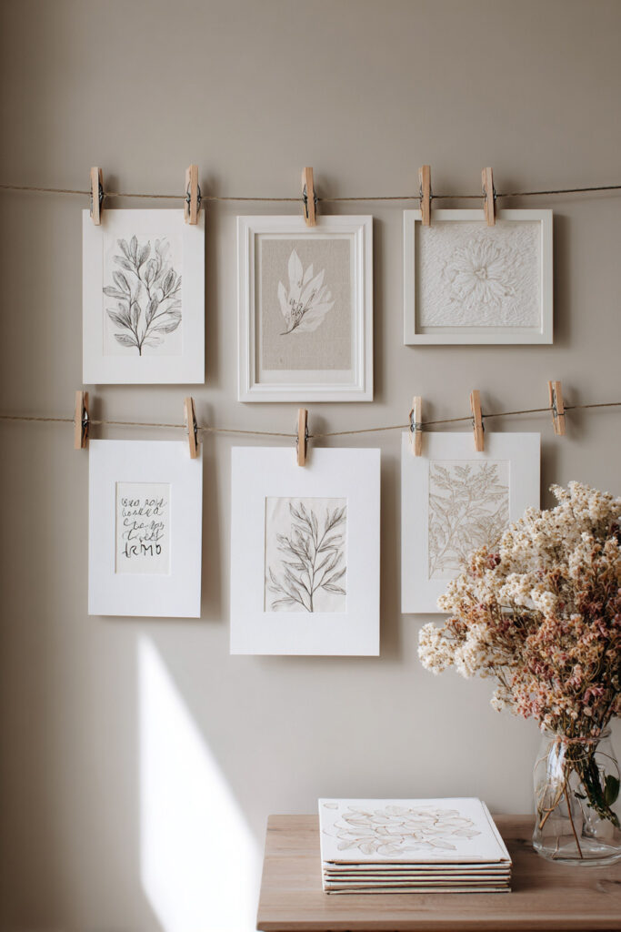 Botanical prints hanging on twine with clothespins above a table with dried flowers and natural light for a seasonal wall display.