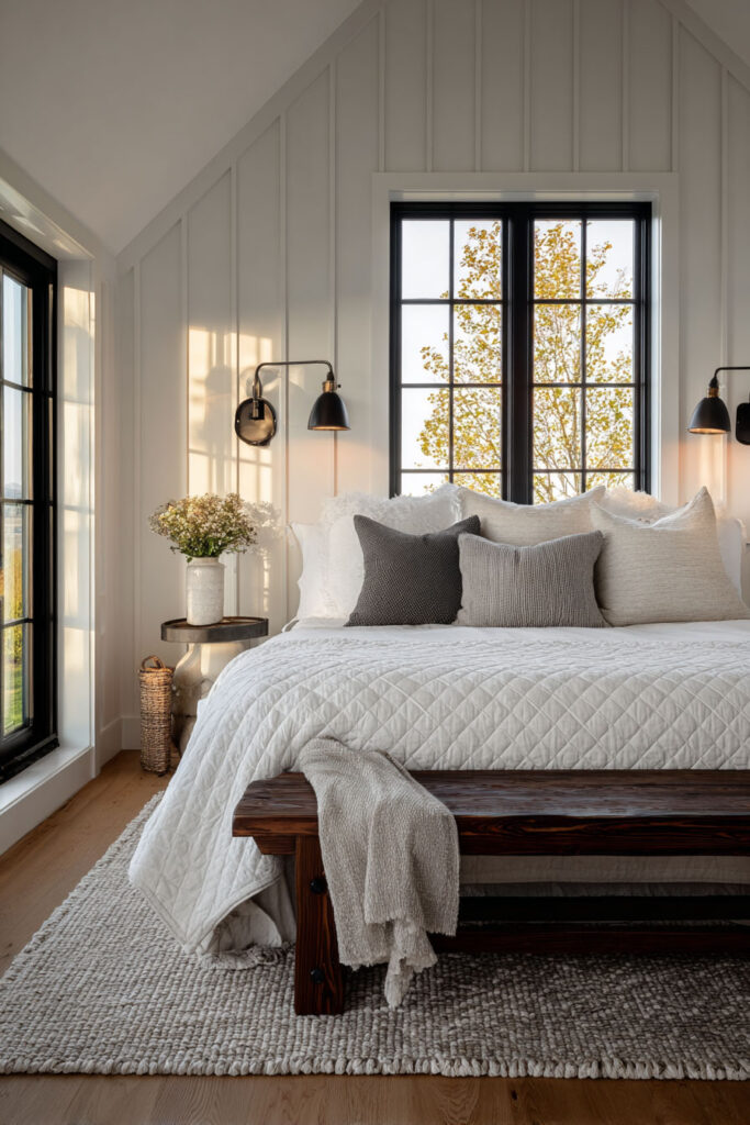 Warm and cozy bedroom with white board and batten walls, black metal sconces, and neutral bedding