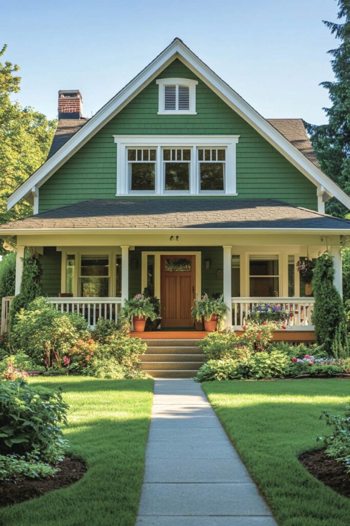 Green craftsman house with white trim, wood front door, front porch, and lush garden landscaping in bright daylight.