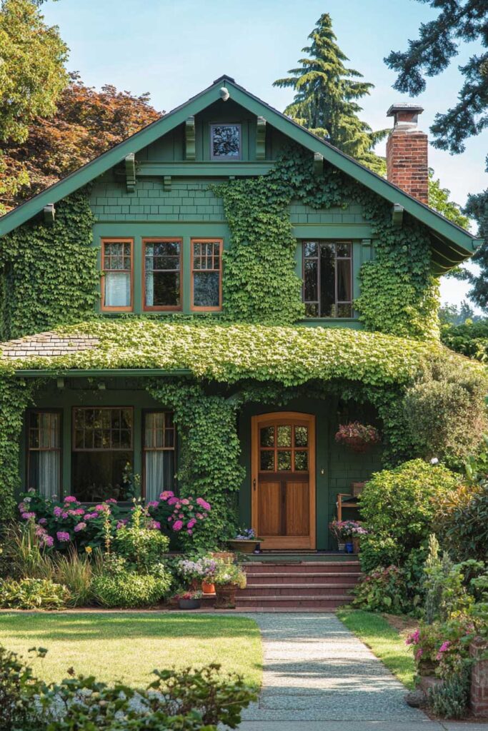Green craftsman-style home with wood front door, ivy-covered exterior, brick steps, and lush garden landscaping with hydrangeas.