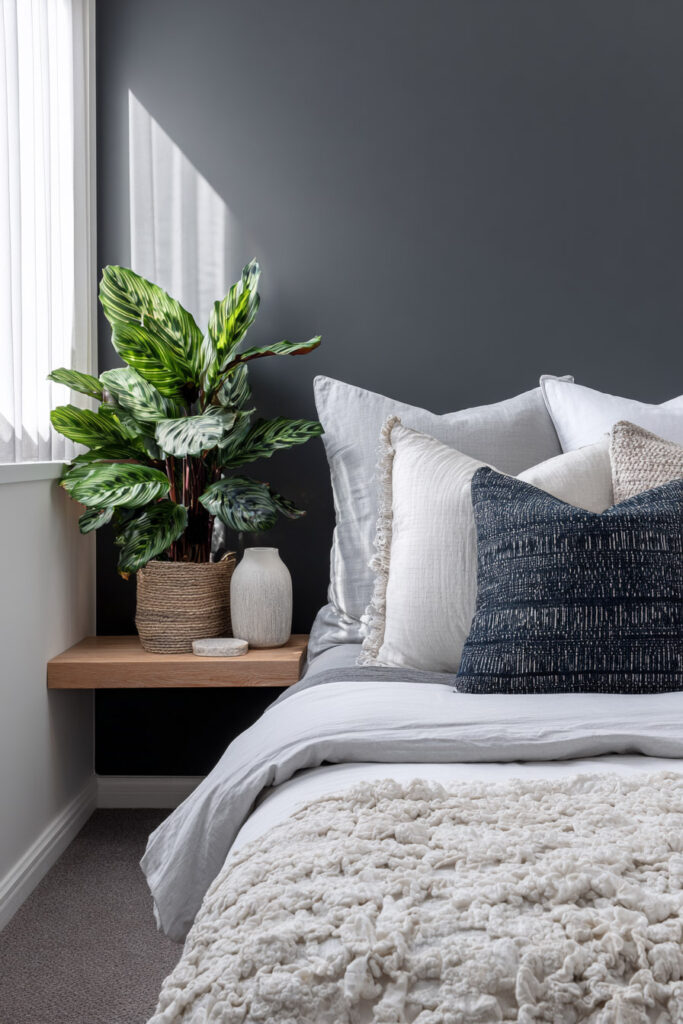 Modern bedroom with gray accent wall, neutral bedding, and calathea plant in woven basket by window.