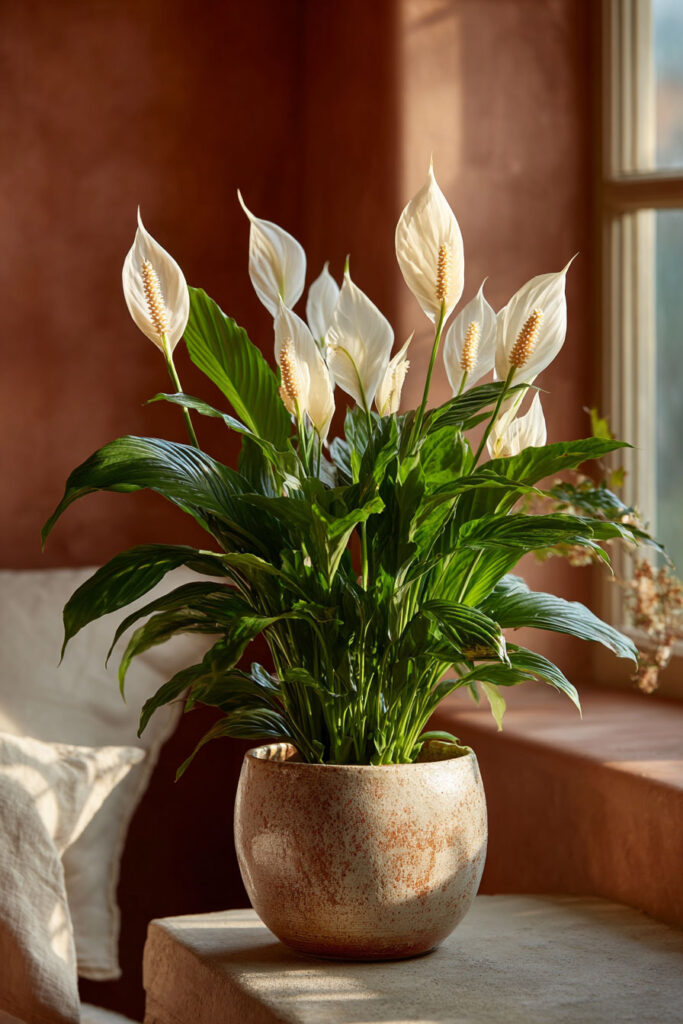 Peace lily in textured ceramic pot near window with terracotta wall, glowing in soft sunlight for a cozy and elegant natural look.