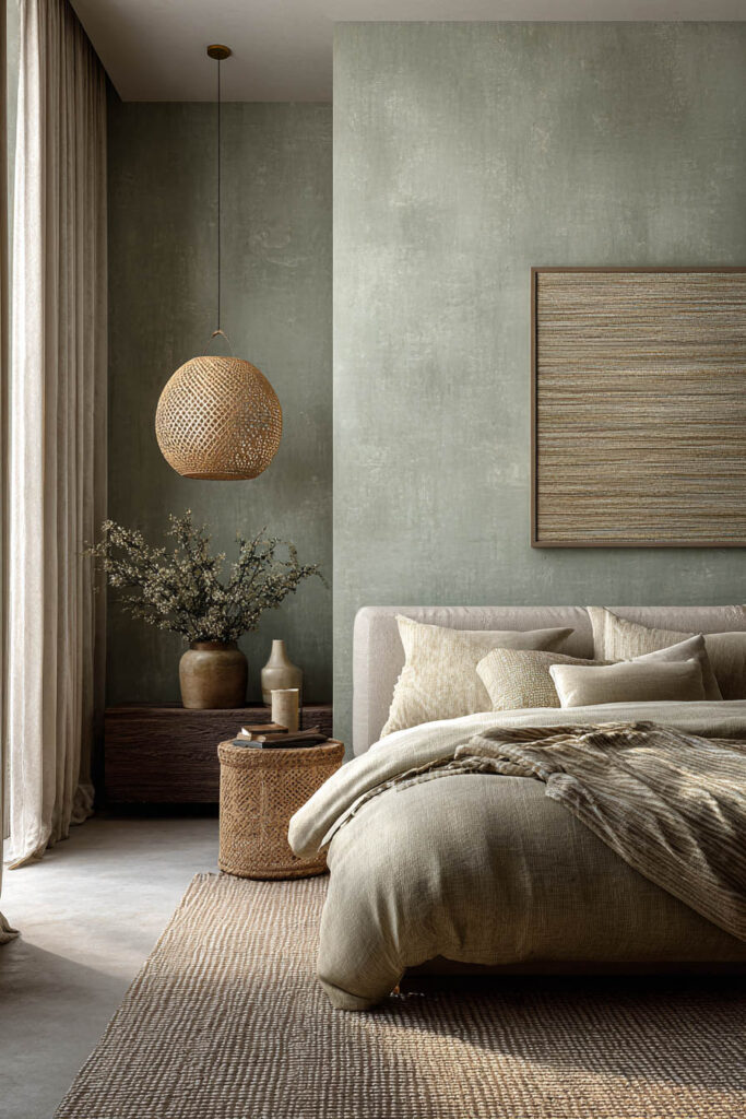 Sage and cream bedroom with woven pendant light, linen bedding, and neutral textures for a calm, natural look.