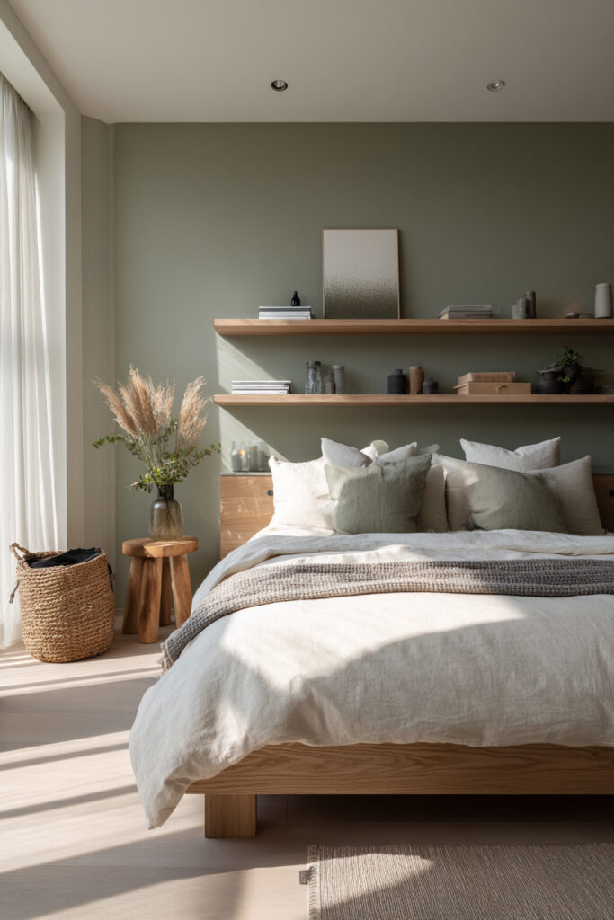 A Scandinavian-style sage green bedroom with floating wooden shelves, linen bedding, woven accents, and natural sunlight streaming through sheer curtains.