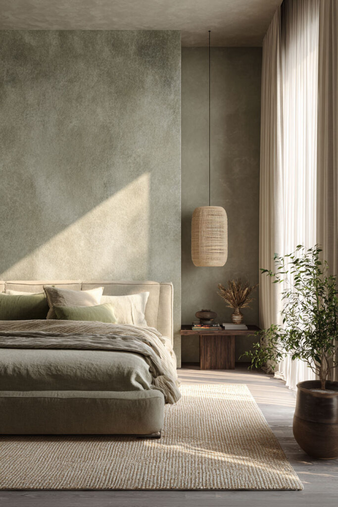 Sage green minimalist bedroom with woven pendant light, neutral bedding, and natural textures for a calm, serene atmosphere.