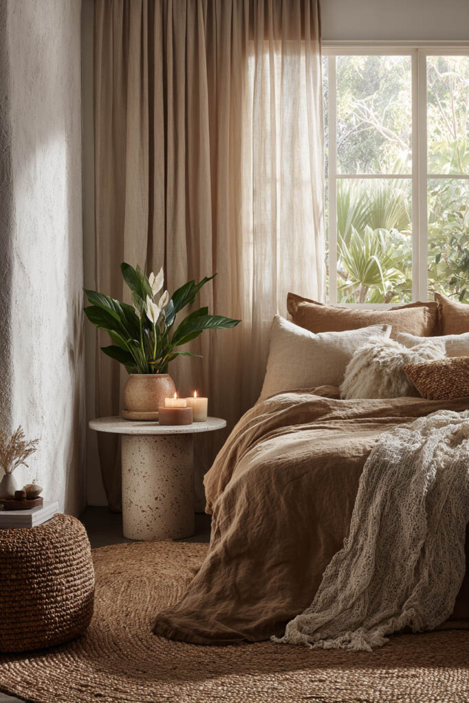 Cozy bedroom with peace lily on stone table, candles, linen bedding, and warm neutral tones for a serene, natural atmosphere.