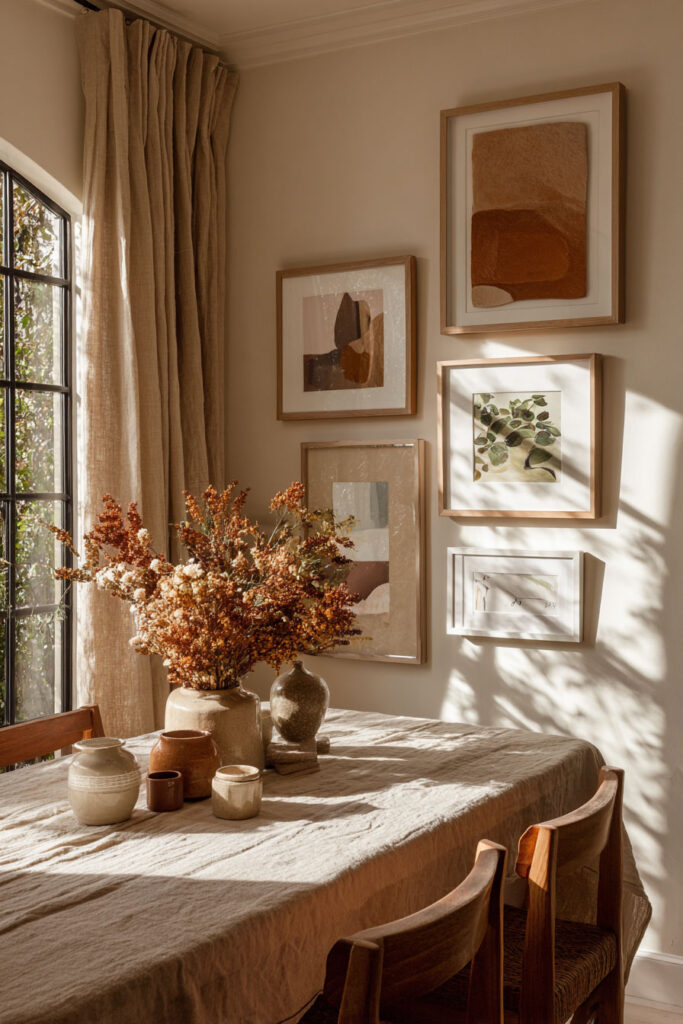 Warm dining nook with autumn-toned gallery wall, dried floral centerpiece, linen tablecloth, neutral pottery, and sunlight streaming through arched black window.