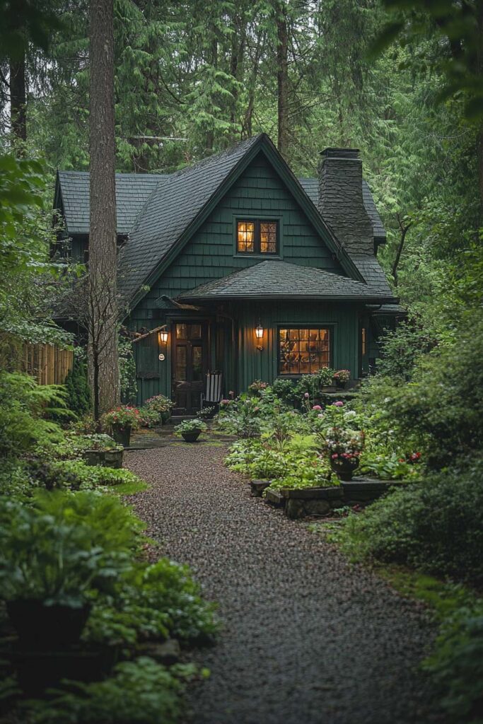 Forest-green cabin with shingle siding, stone chimney, glowing windows, and lush garden pathway surrounded by tall pine trees.