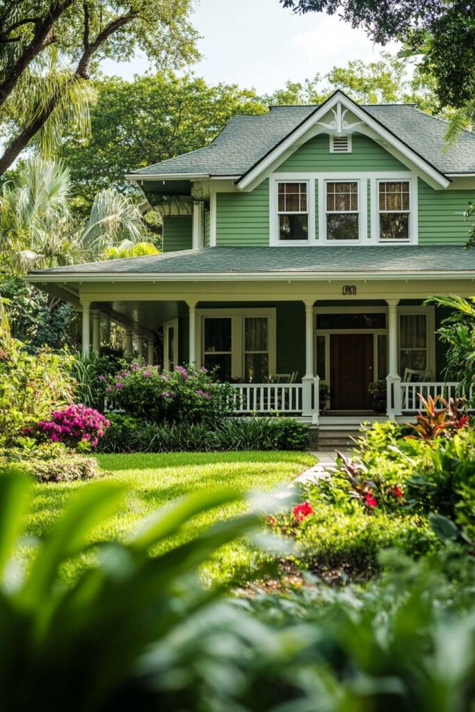 Light green craftsman house with white trim, wraparound porch, and tropical garden landscaping with colorful flowers.