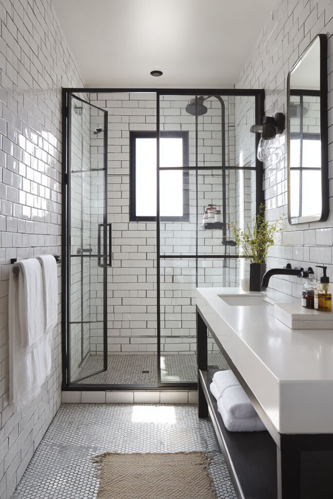 Sleek monochrome bathroom with black-framed glass shower, white subway tiles, black hardware, and modern double sink vanity.