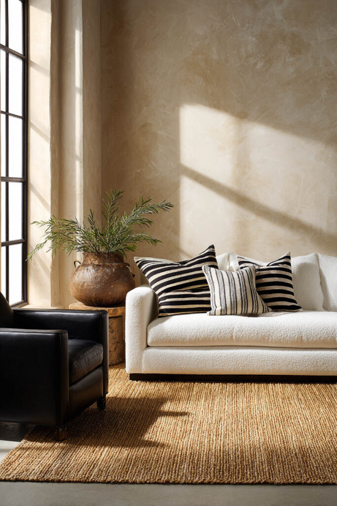 Cozy neutral living room with a white boucle sofa, black leather chair, striped black and white pillows, textured jute rug, and large ceramic vase with greenery.