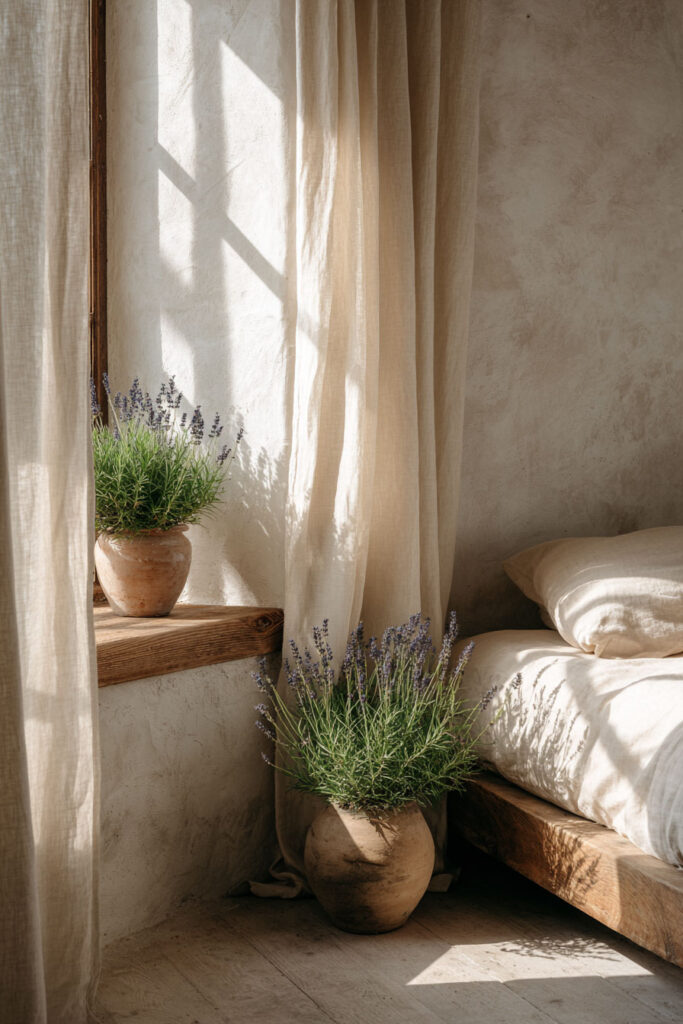 Rustic bedroom with lavender plants in terracotta pots, linen bedding, and natural sunlight through sheer curtains.