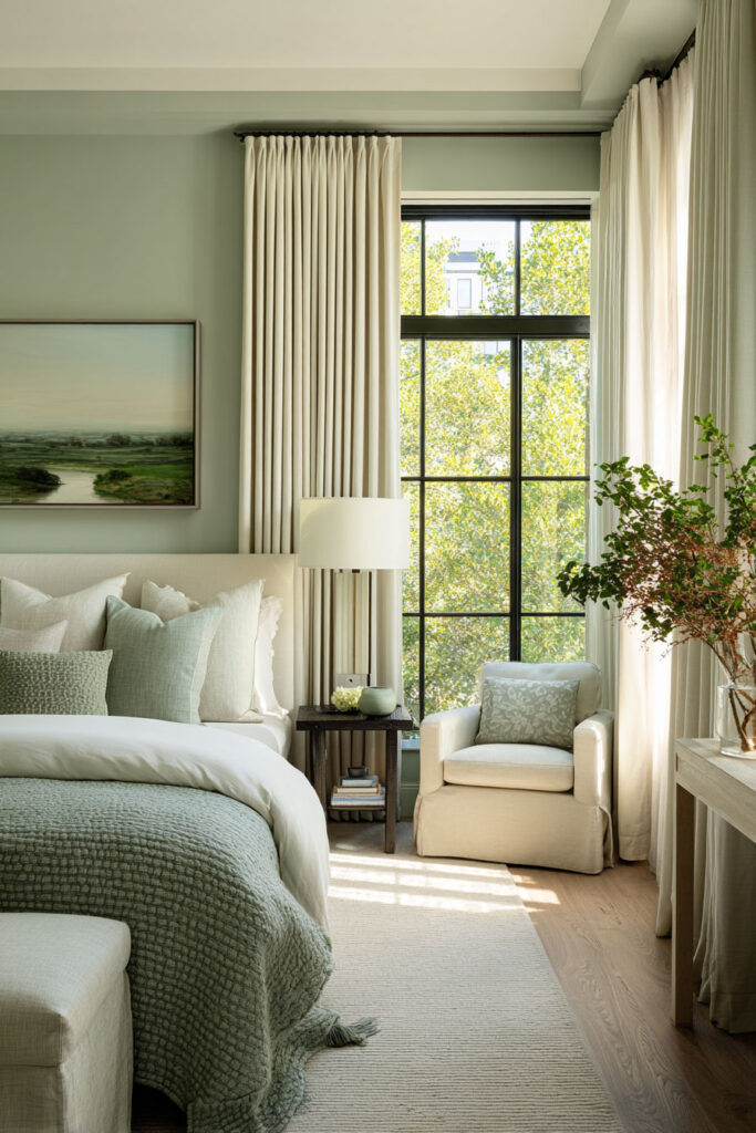 Sage and cream bedroom with layered bedding, linen curtains, and soft natural light for a calming neutral design.