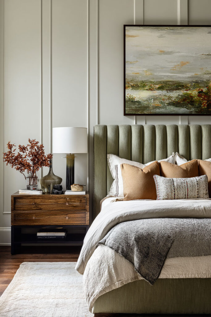 A sophisticated sage green bedroom featuring a vertical channeled upholstered headboard, neutral bedding with tan pillows, a wooden nightstand, and modern wall art.
