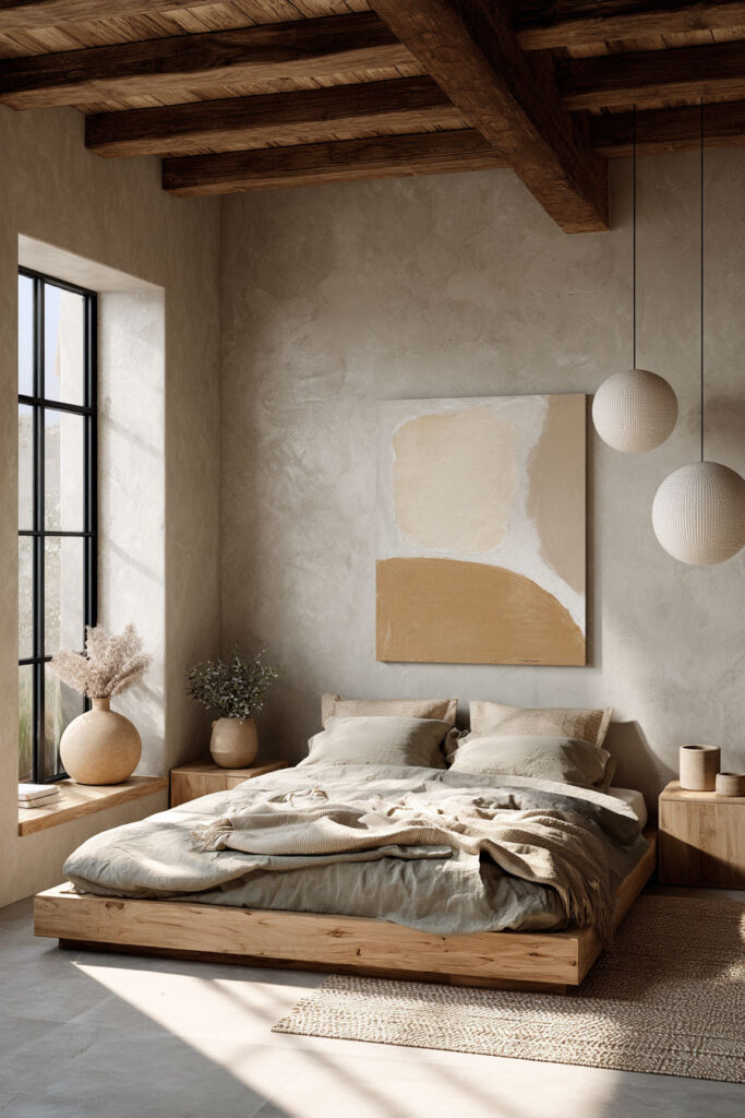 Sage green and earthy neutral bedroom with natural wood beams, textured walls, and minimalist desert-inspired decor.