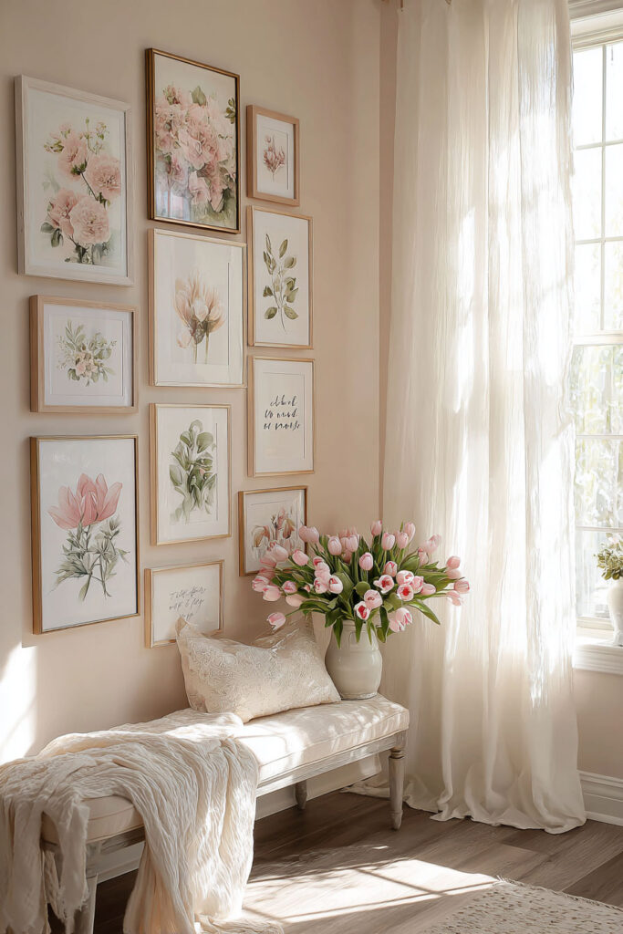 Spring floral gallery wall with blush watercolor art, light wood frames, and pink tulips in a bright corner with soft natural light.