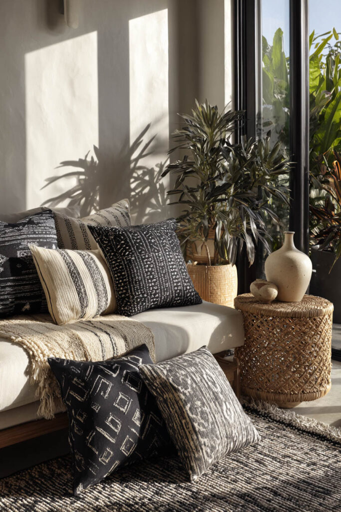 Boho-inspired black and white living room with patterned pillows, woven rattan side table, neutral throw blanket, and indoor plants near large windows.