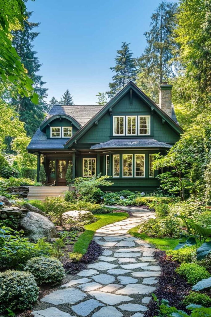 Forest green shingle house with white windows, stone chimney, and flagstone walkway surrounded by lush woodland landscaping.