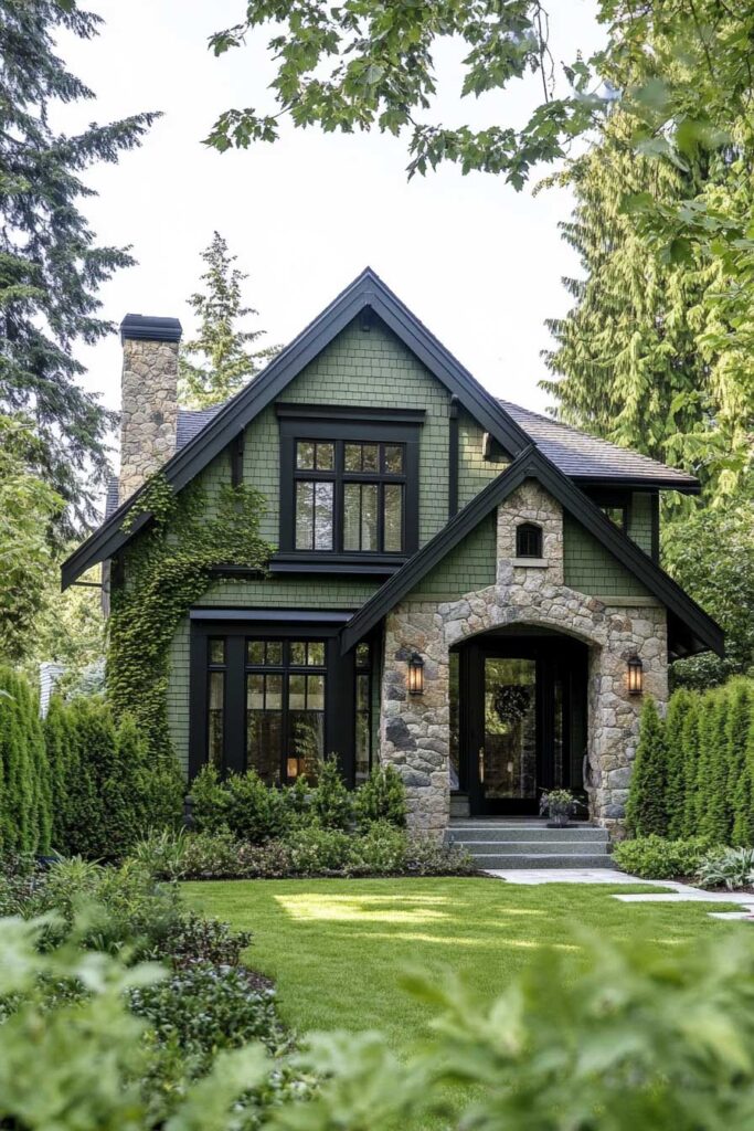 Green cottage with stone exterior, black window trim, arched entryway, and lush landscaping framed by evergreens and ivy.