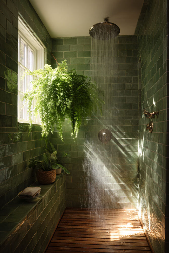Green tiled shower with hanging fern, basket planter, natural light, and wood floor creating a spa-like tropical bathroom atmosphere.