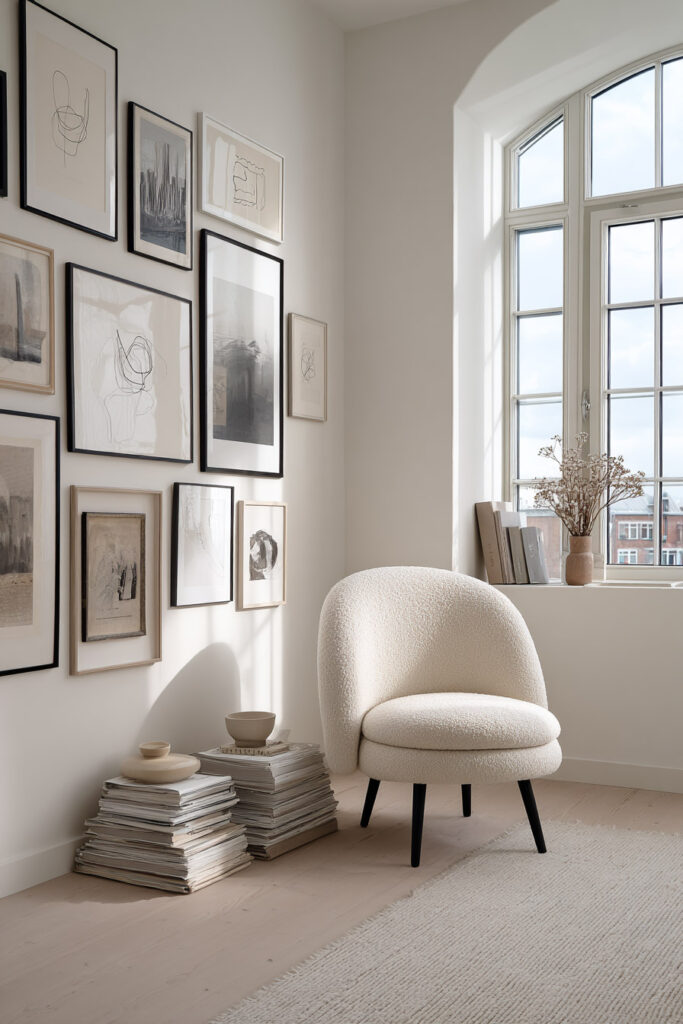 Minimalist gallery wall with abstract black-and-white art, boucle chair, and neutral Scandinavian decor beside a large arched window.