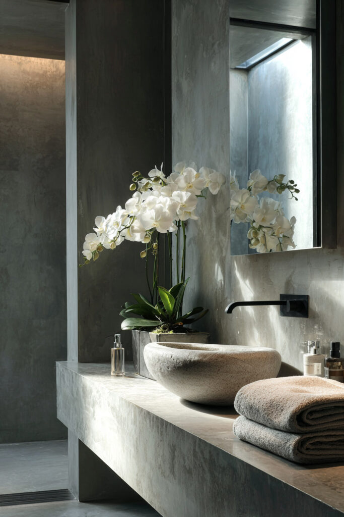 Modern bathroom with white orchid in stone planter beside sculpted sink and concrete walls.