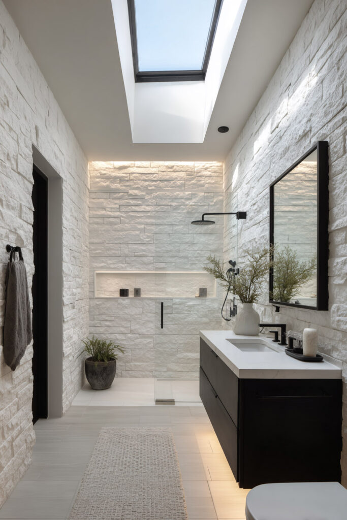 Minimalist monochrome bathroom with white stone walls, black vanity, skylight, and modern matte black fixtures