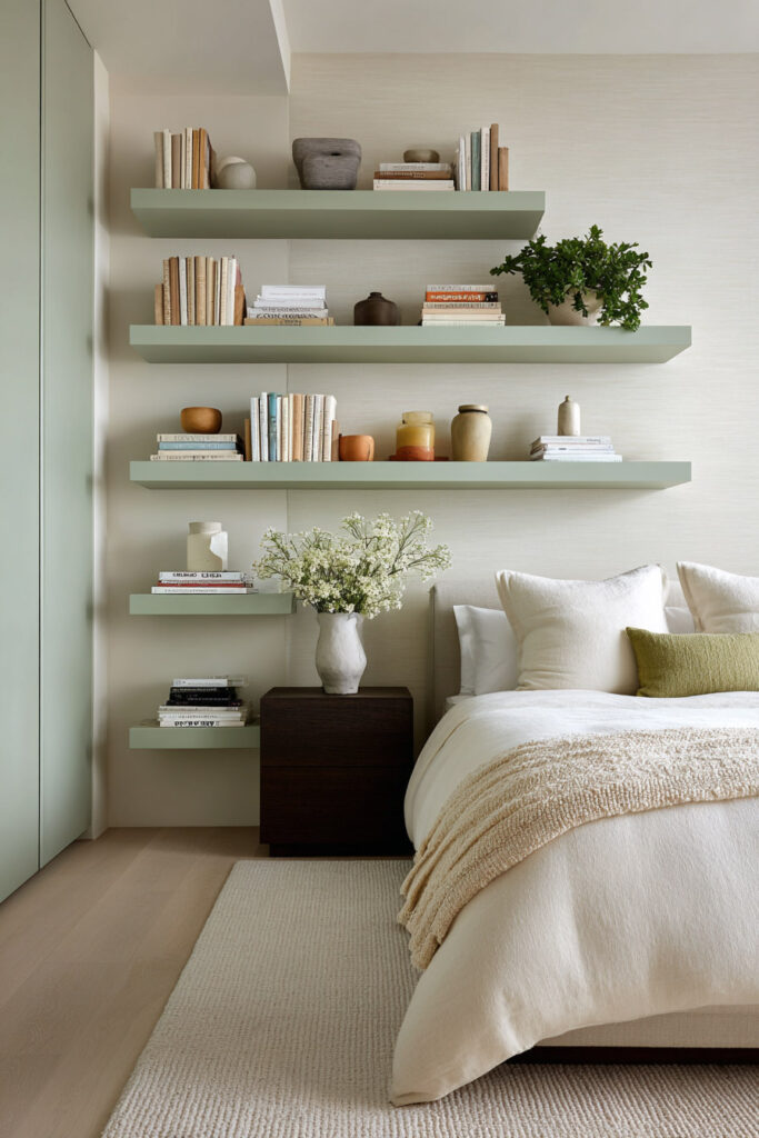 Sage green bedroom with minimalist floating shelves, neutral decor, and soft cream bedding for a calm modern look.