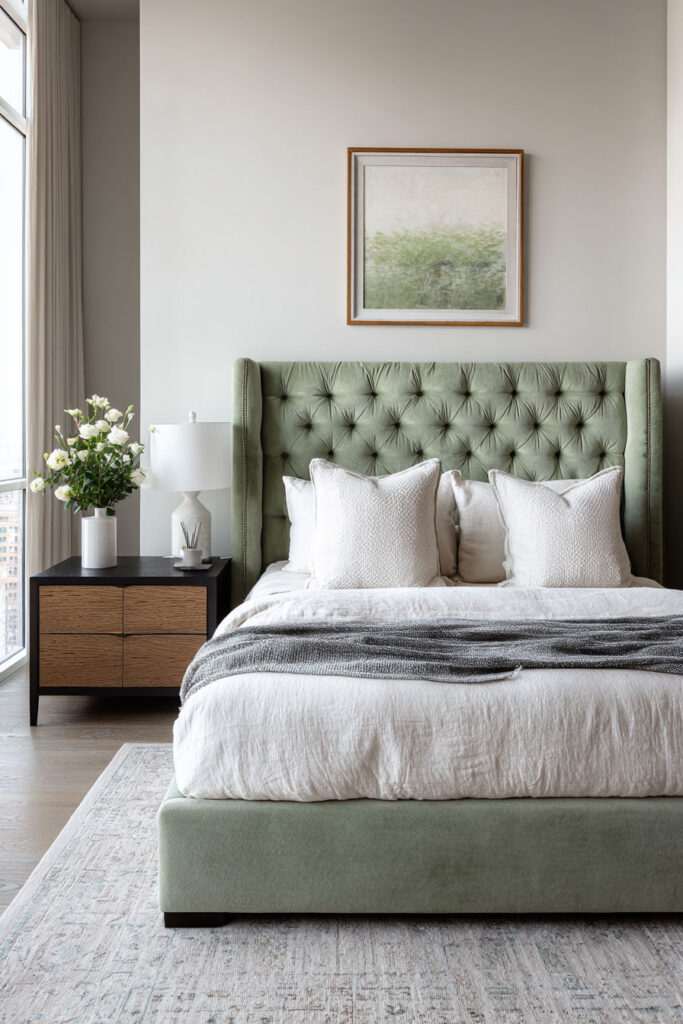 A modern sage green bedroom with a tufted velvet headboard, white bedding, and a wood-and-black nightstand topped with flowers and a white lamp.