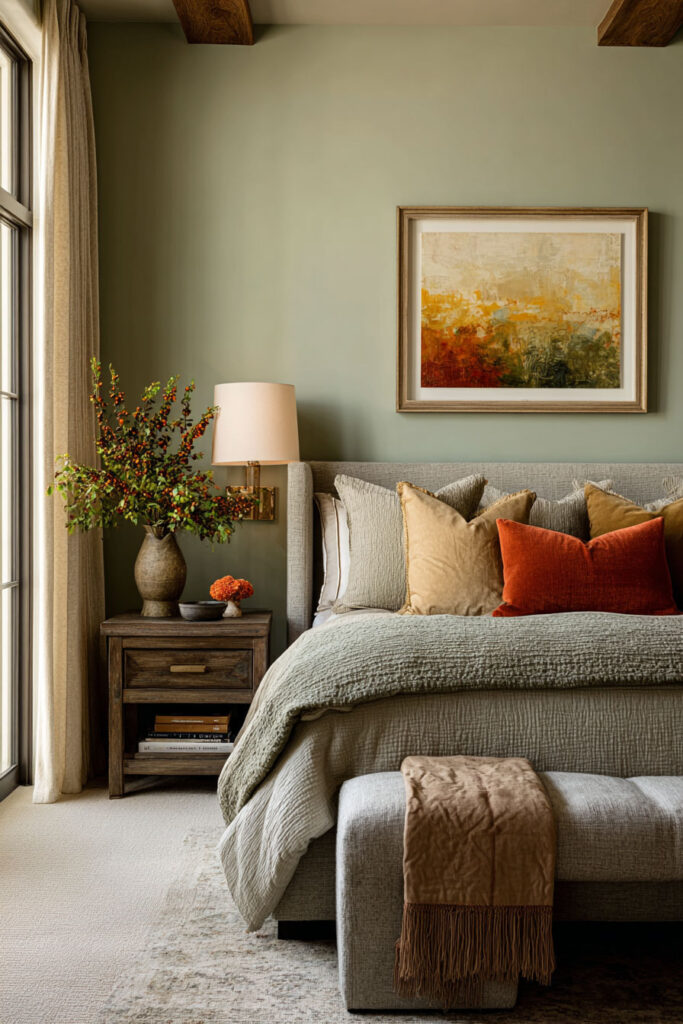 Sage green bedroom with warm rust and ochre pillows, textured bedding, and earthy decor for a cozy, desert-inspired atmosphere.