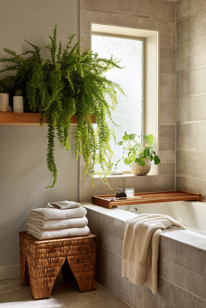 Bathroom with lush ferns, potted plant by window, soft towels, and natural spa-inspired decor.