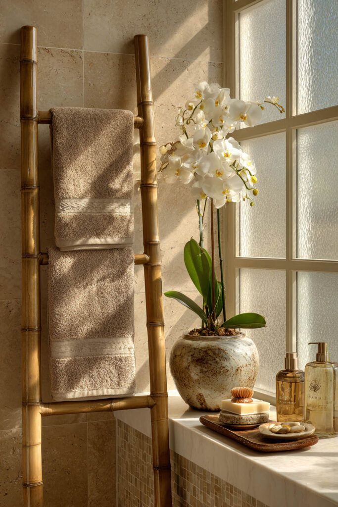 Bathroom with white orchid in ceramic pot, bamboo towel ladder, and natural light for a spa-inspired, elegant, and serene look.