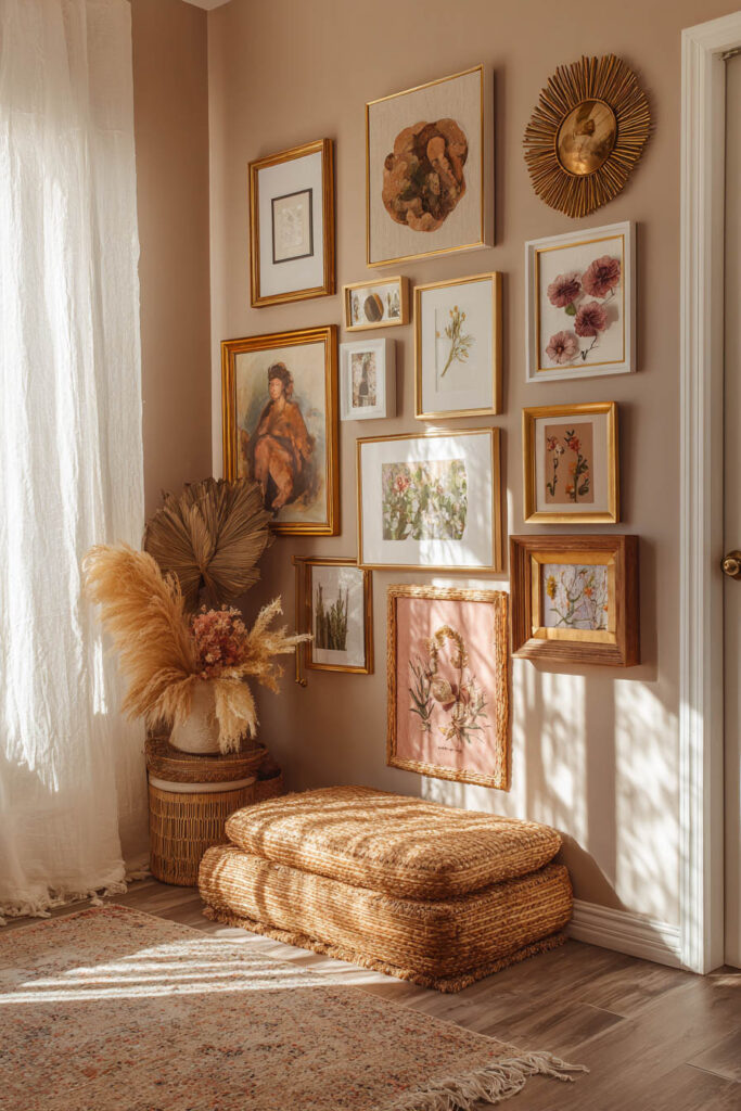 Bohemian gallery wall with vintage art, gold frames, botanical prints, and natural textures in a cozy corner with warm terracotta walls.