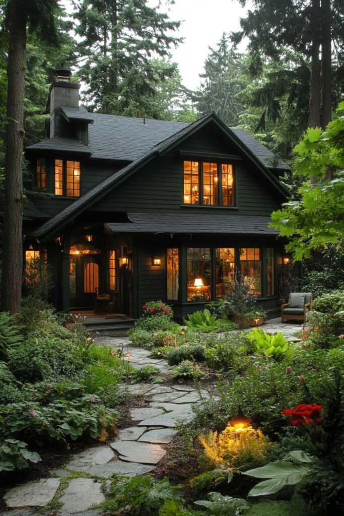 Dark green woodland cottage with glowing windows, stone pathway, lush ferns, and ambient garden lighting at dusk.